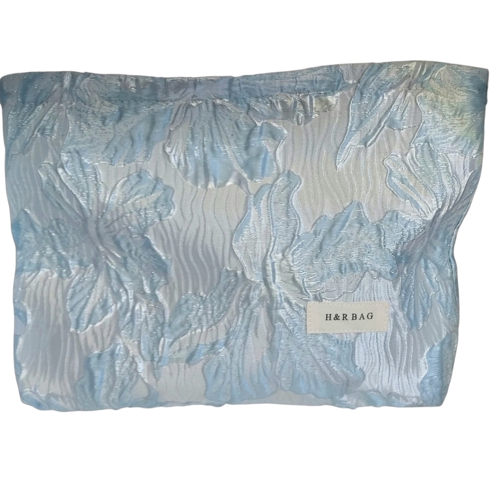 Cosmetic Makup Bag Pouch Pearlized Cream and Blue Floral NWT